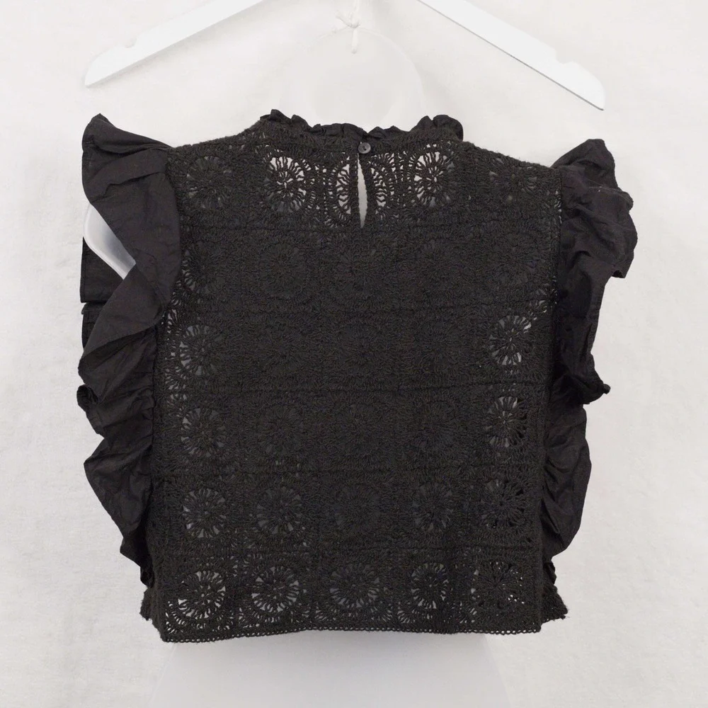 ZARA Crochet Open Knit Lace Ruffle Sleeve Crop Top Festival Romantic Black Sz M